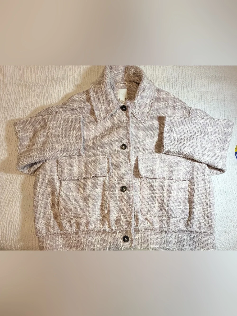 H&M Jacket Mauve Bouclé Fringe Button Front Collared Coatigan - Picture 2 of 14